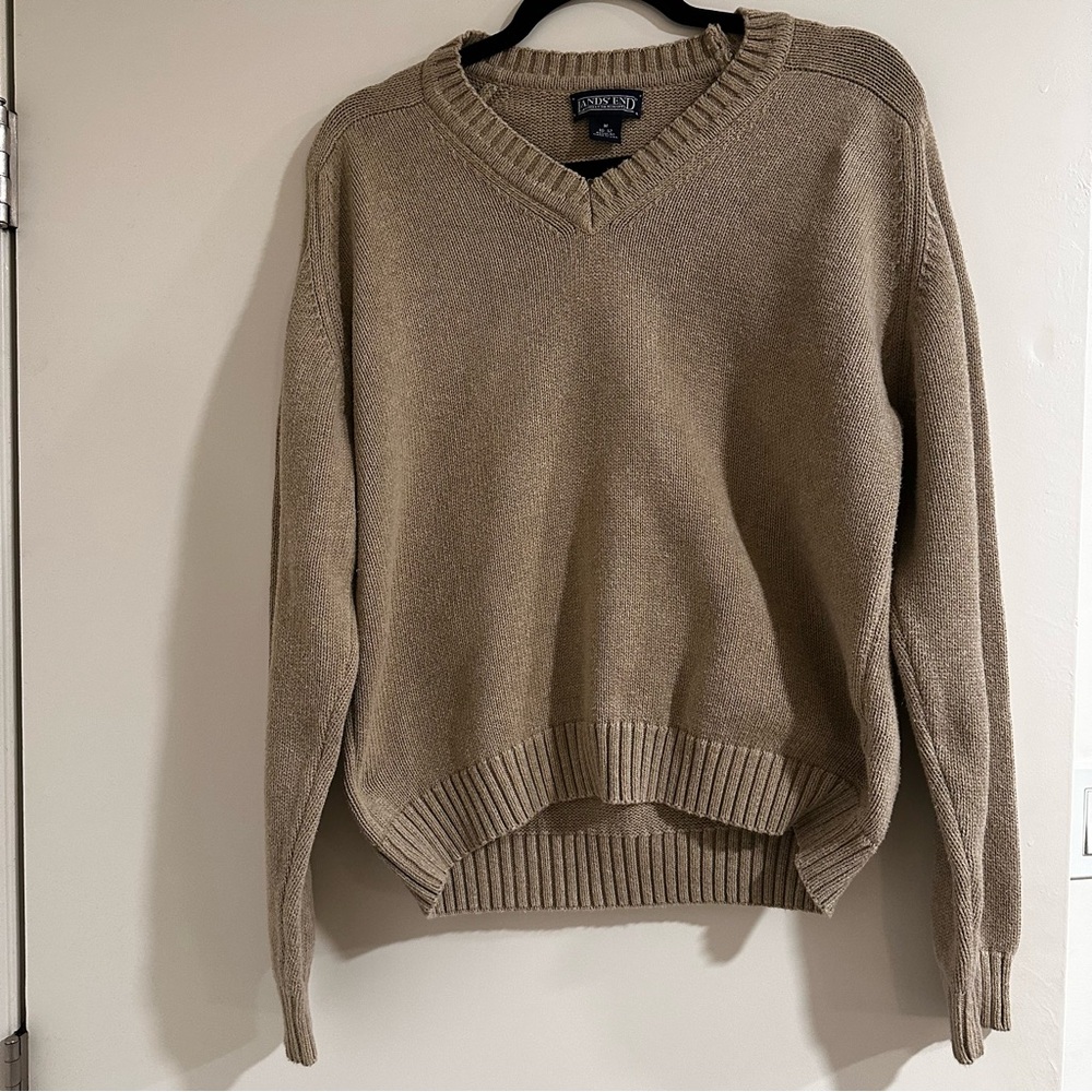 Vintage Women’s Lands End 100% Cotton V-Neck Sweater Size M in Khaki Made in USA
